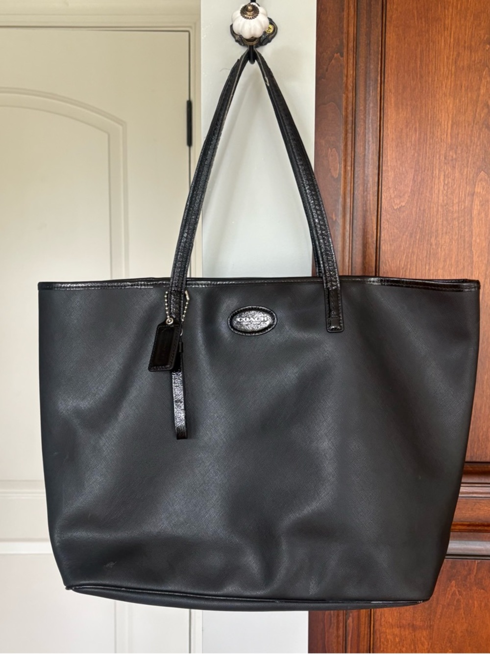 Black Leatherette Tote with Polished Logo Accent